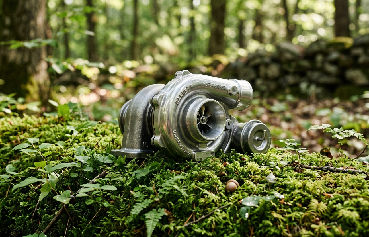 Reconditioned turbocharger surrounded by fresh green moss