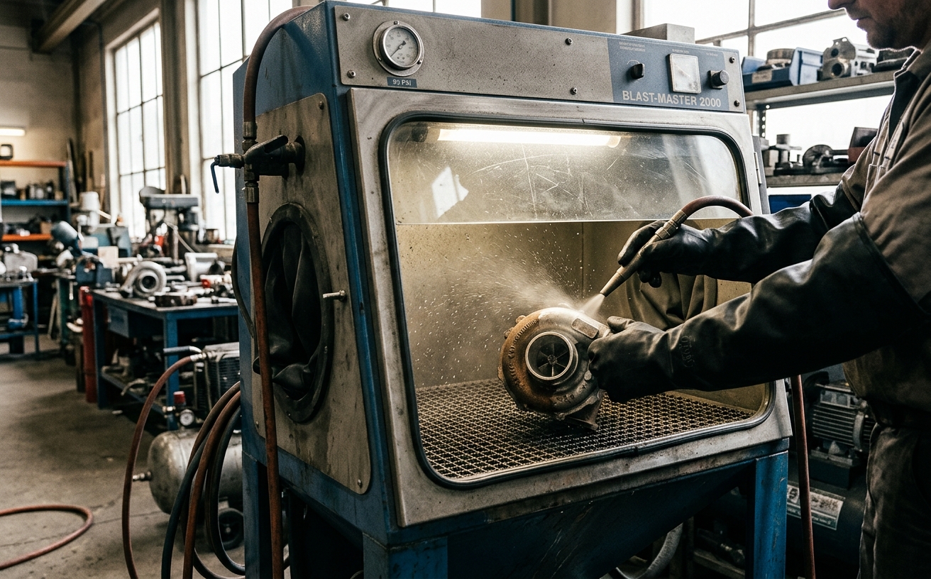 Shot blasting cabinet cleaning turbo housing