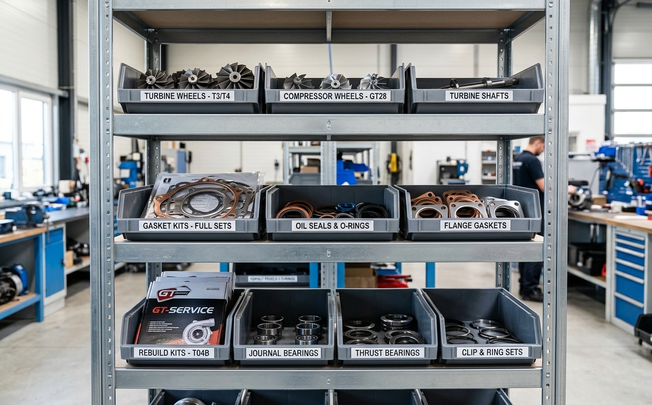 Organised shelving of turbocharger spare parts in workshop