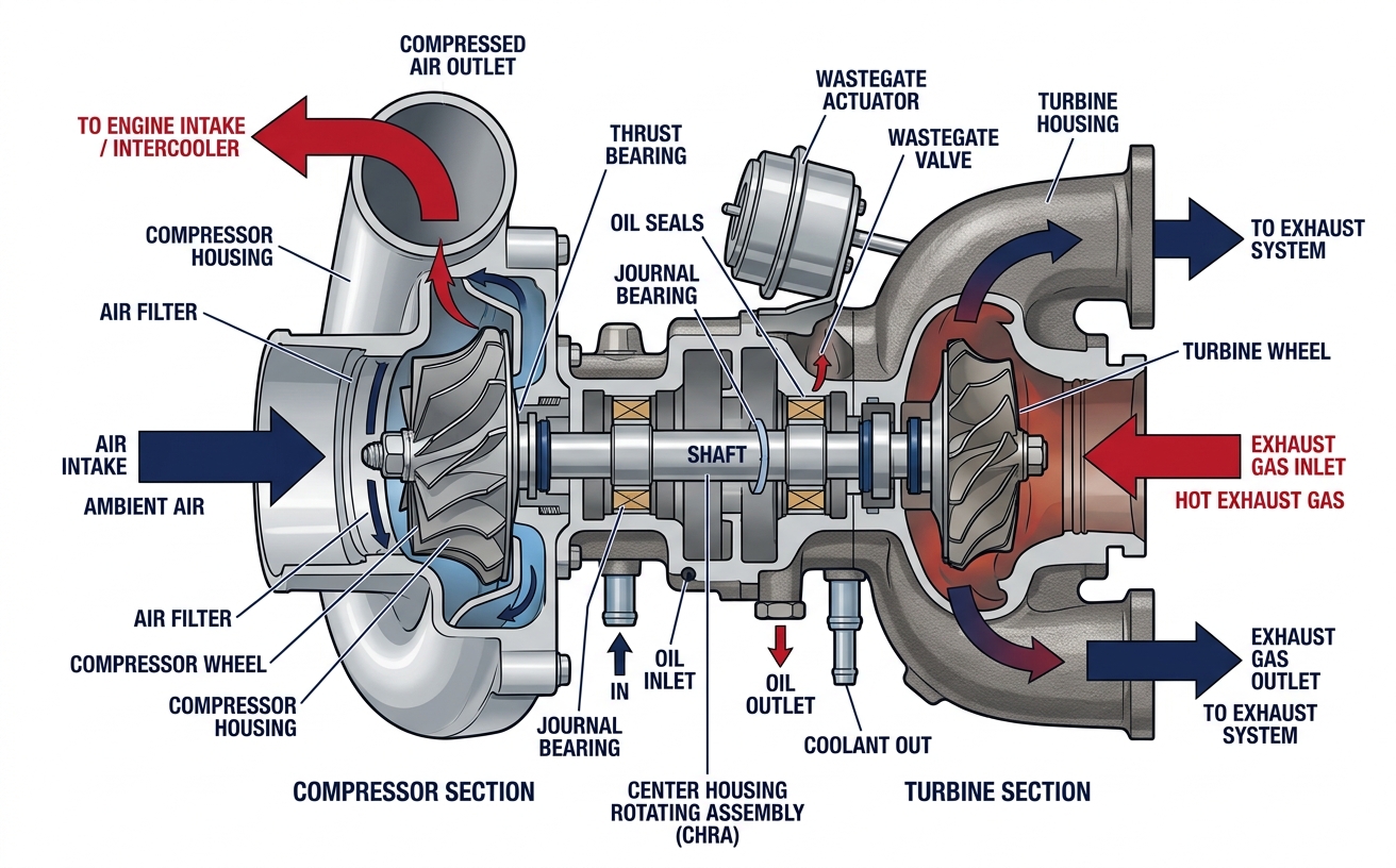 Cutaway diagram of a turbocharger showing internal components